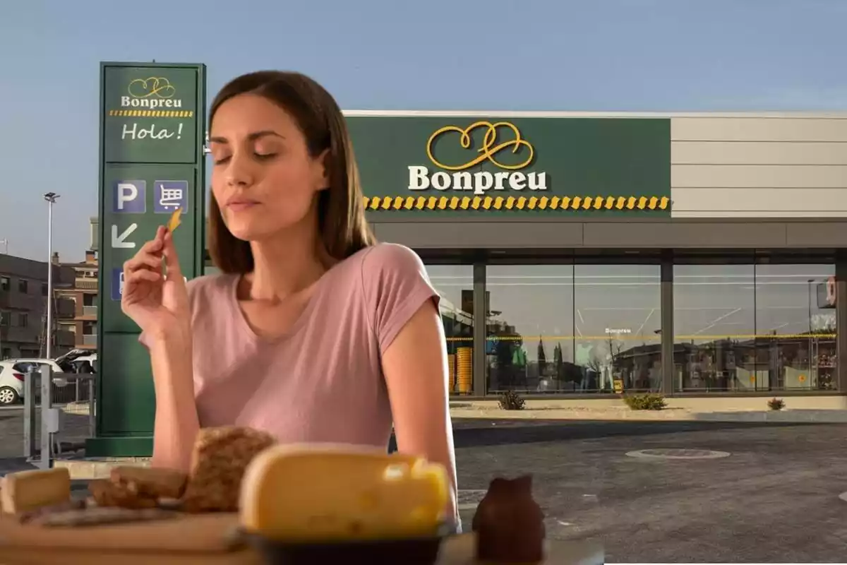 Montaje con una imagen de una chica comiendo queso. De fondo, el exterior de un establecimiento Bonpreu