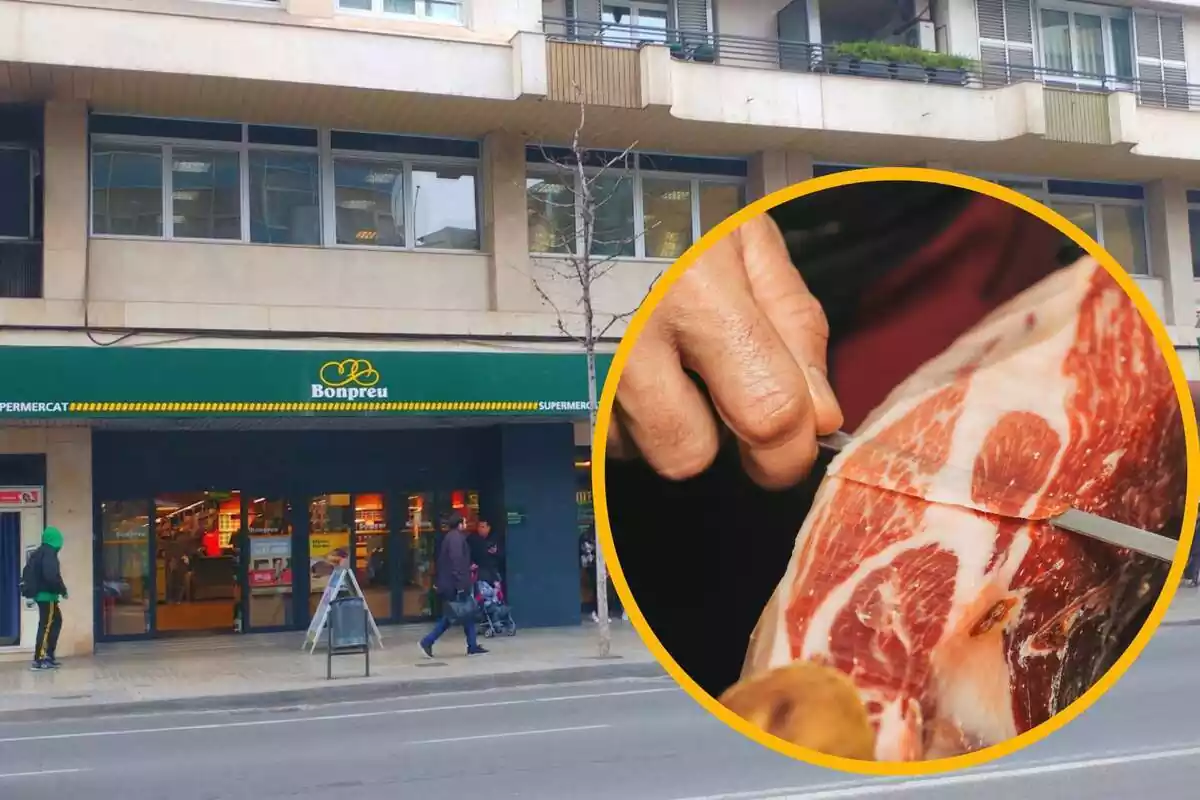 Montaje con una imagen del exterior de un establecimiento Bonpreu y a la izquierda, dentro un círculo, una persona cortando jamón