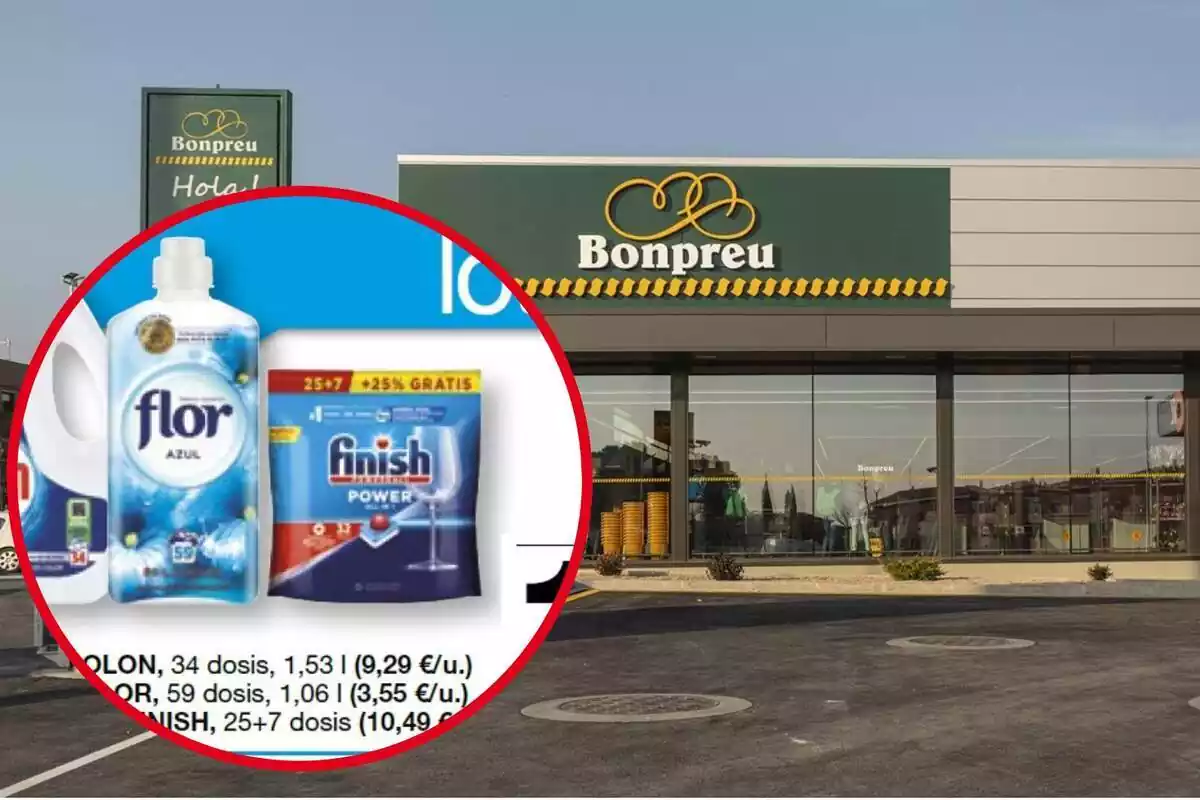 Montaje con la imagen de un establecimiento Bonpreu. A la derecha, dentro de un círculo, el lote ahorro de productos de limpieza referenciado en la noticia