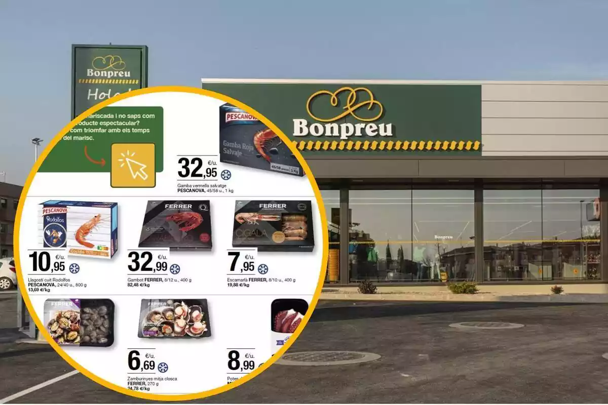 Montaje con el exterior de establecimiento Bonpreu y a la izquierda, dentro de un círculo, algunos de los productos de la noticia