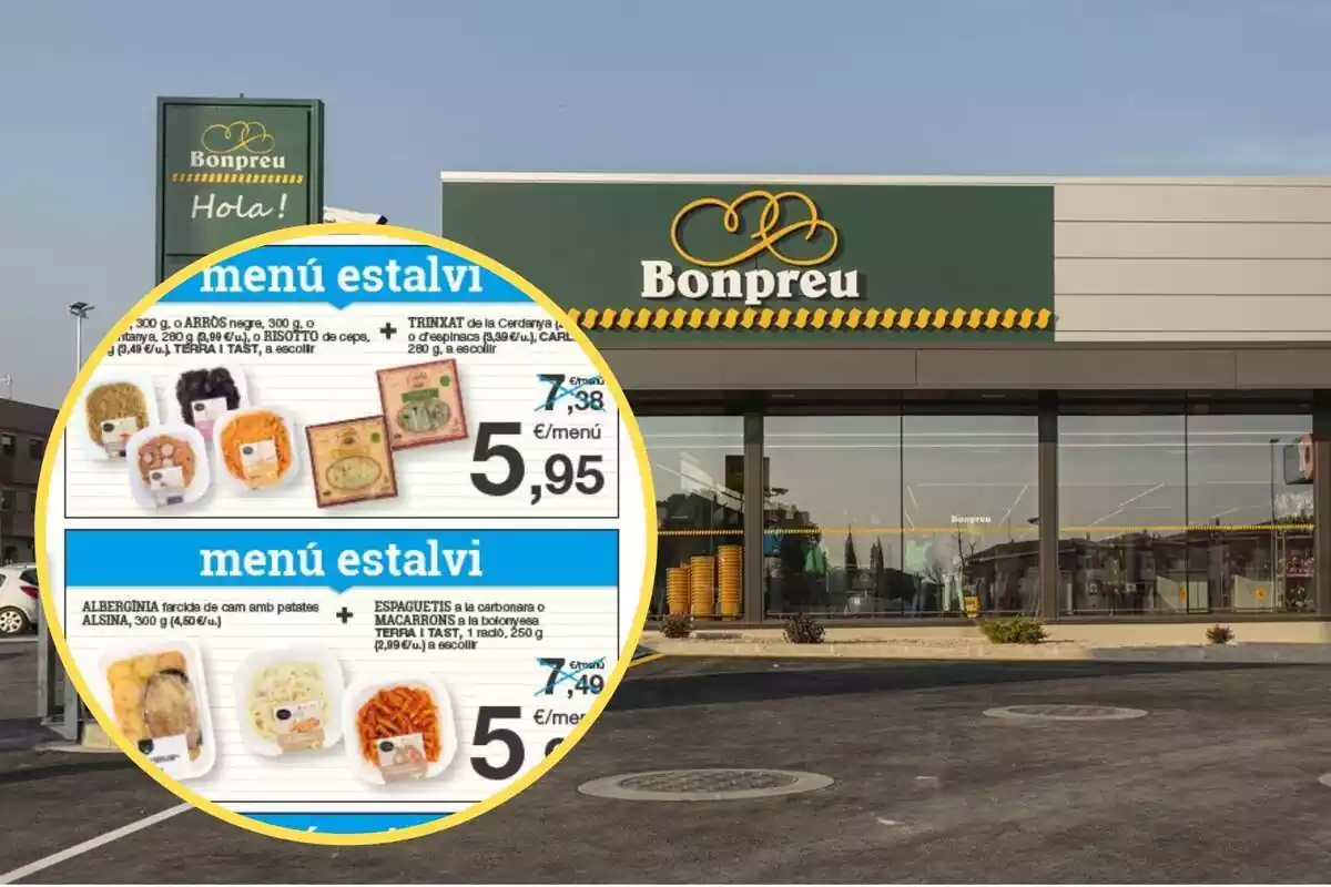 Montaje con una imagen del exterior de un establecimiento Bonpreu y a la izquierda, dentro de un círculo, los menú ahorro referenciados en la noticia