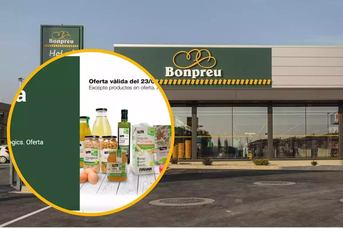 Montaje con una imagen del exterior de un establecimiento Bonpreu. A la izquierda, dentro de un círculo, algunos de los productos referenciados en la noticia