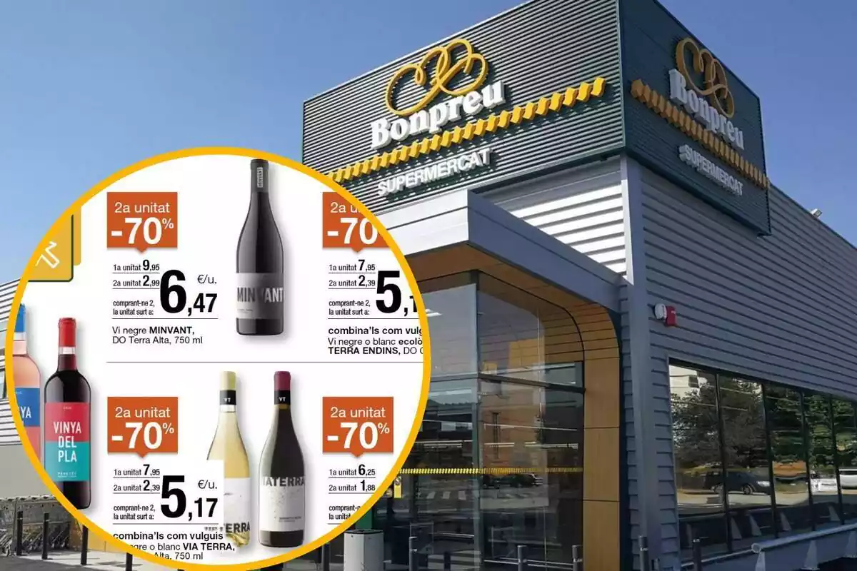 Montaje con una imagen de un establecimiento Bonpreu y a la izquierda la oferta de vinos referenciada en la noticia