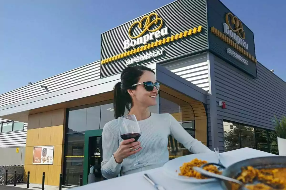 Una mujer con gafas de sol disfruta de una copa de vino y un plato de comida frente a un supermercado Bonpreu.