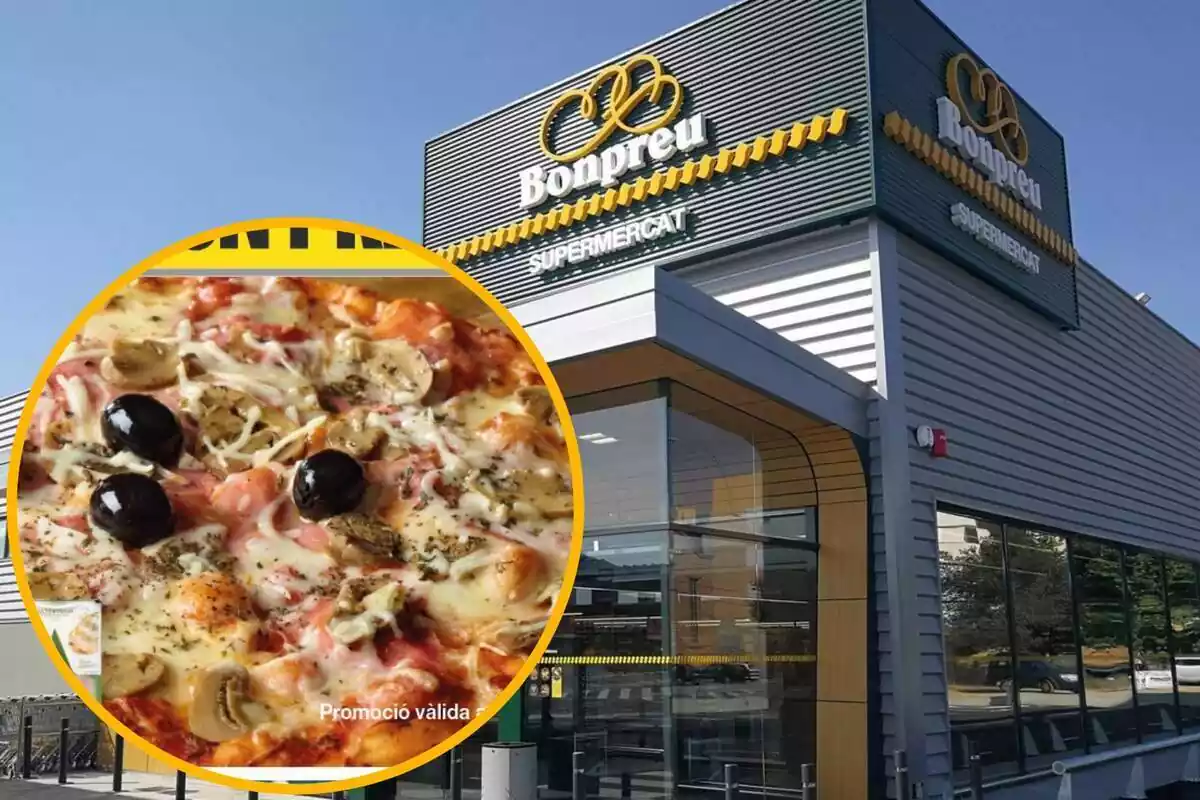 Montaje con una imagen de un establecimiento Bonpreu y en la esquina inferior izquierda, dentro de un círculo, una pizza