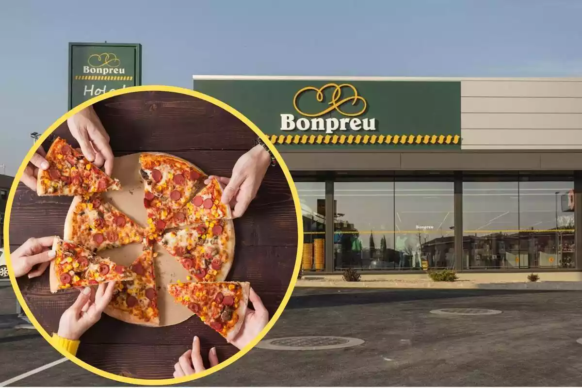 Montaje con una imagen del exterior de un establecimiento Bonpreu y en la esquina inferior izquierda, varias manos de personas cogiendo un trozo de pizza