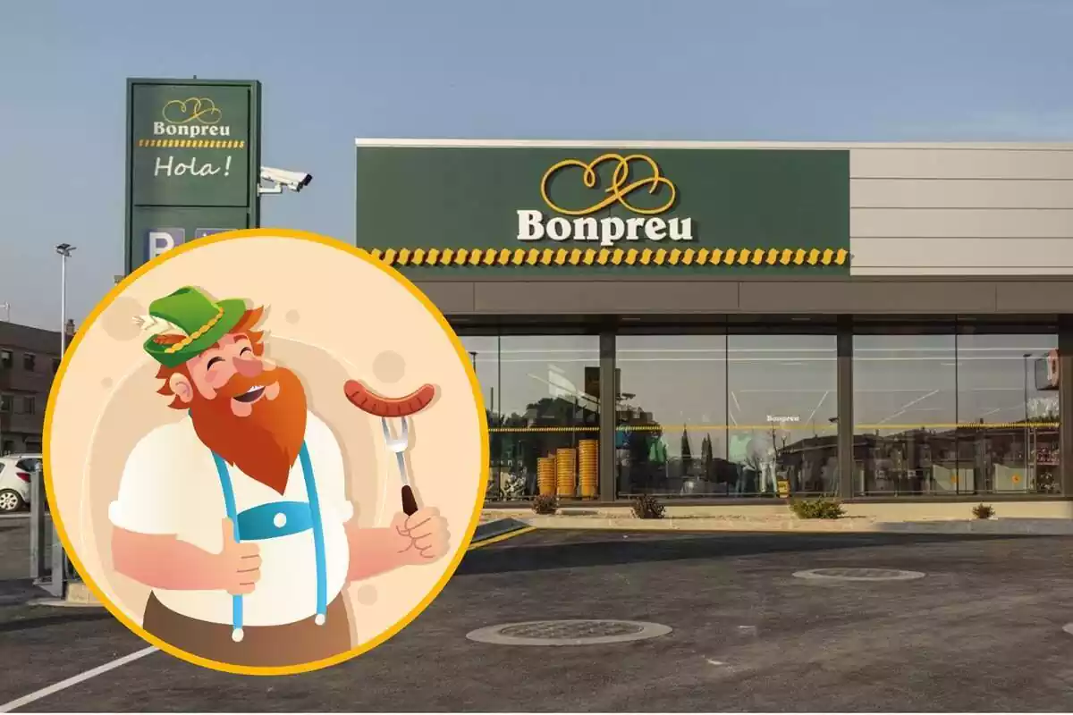 Montaje con una imagen del exterior de un establecimiento Bonpreu y en la esquina inferior izquierda, dentro de un círculo, el dibujo de un hombre riendo a punto de comer una salchicha