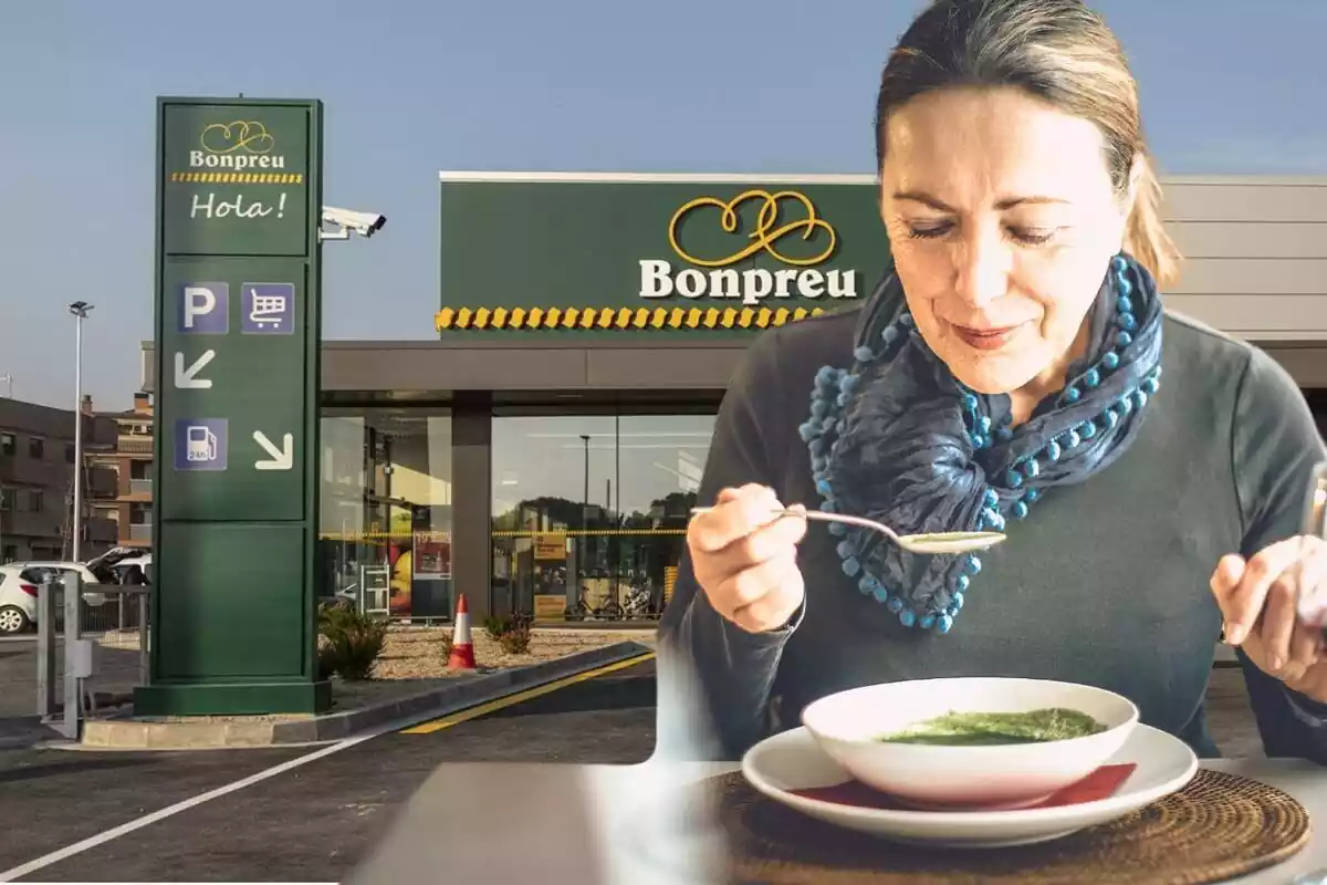 Montaje con una imagen del exterior de un establecimiento Bonpreu de fondo y en primer término una mujer comiendo de un plato de sopa