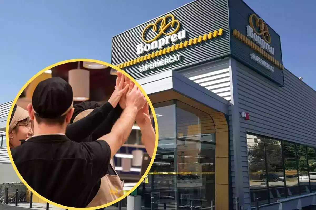 Montaje con una imagen del exterior de un establecimiento Bonpreu y a la izquierda, dentro de un círculo, trabajadores del supermercado
