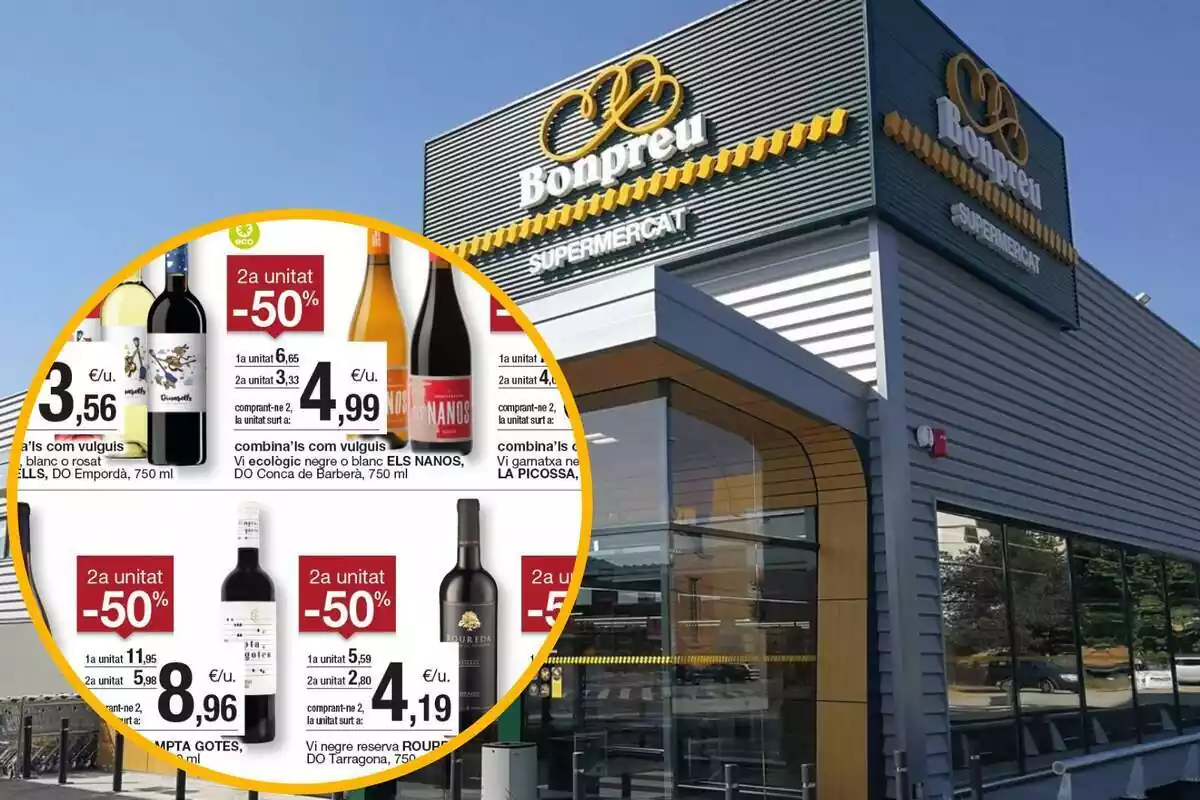 Montaje con una imagen de un establecimiento Bonpreu y a la izquierda, dentro de un círculo, la promoción de vinos referenciada en la noticia