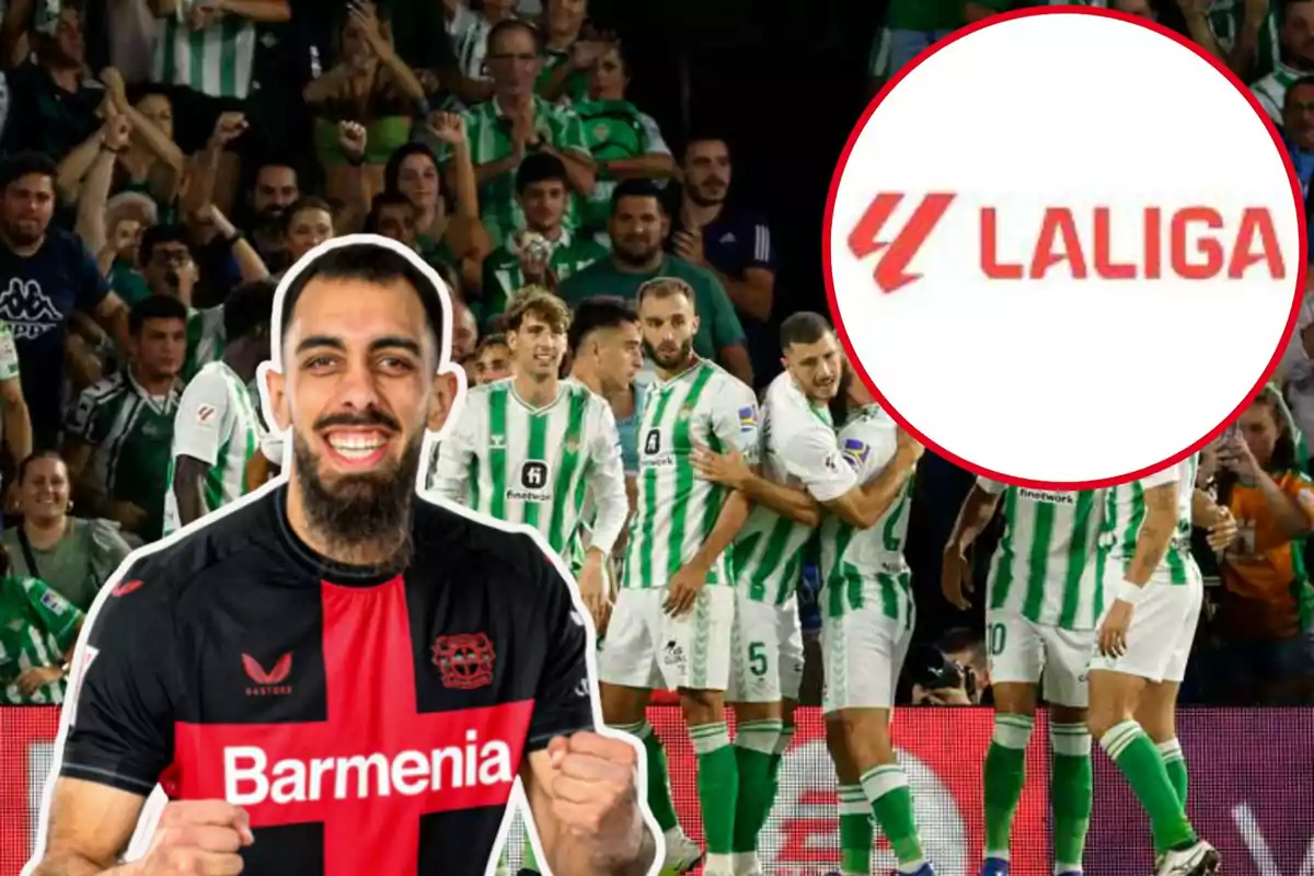 Montage con el equipo del Real Betis celebrando un gol, Borja Iglesias a la izquierda y un círculo con el logo de LaLiga arriba a la derecha