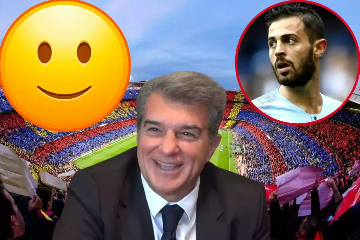 Montage con el Camp Nou, Joan Laporta en el centro de la imagen, un emoticono contento arriba a la izquierda y un círculo con Bernardo Silva arriba a la derecha