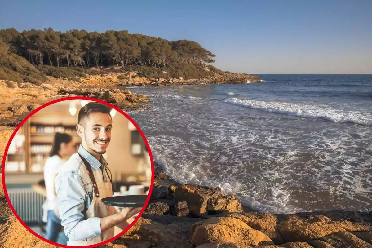 Montaje con una imagen de la Costa Daurada y en la esquina inferior izquierda, dentro de un círculo, un chico trabajando como camarero