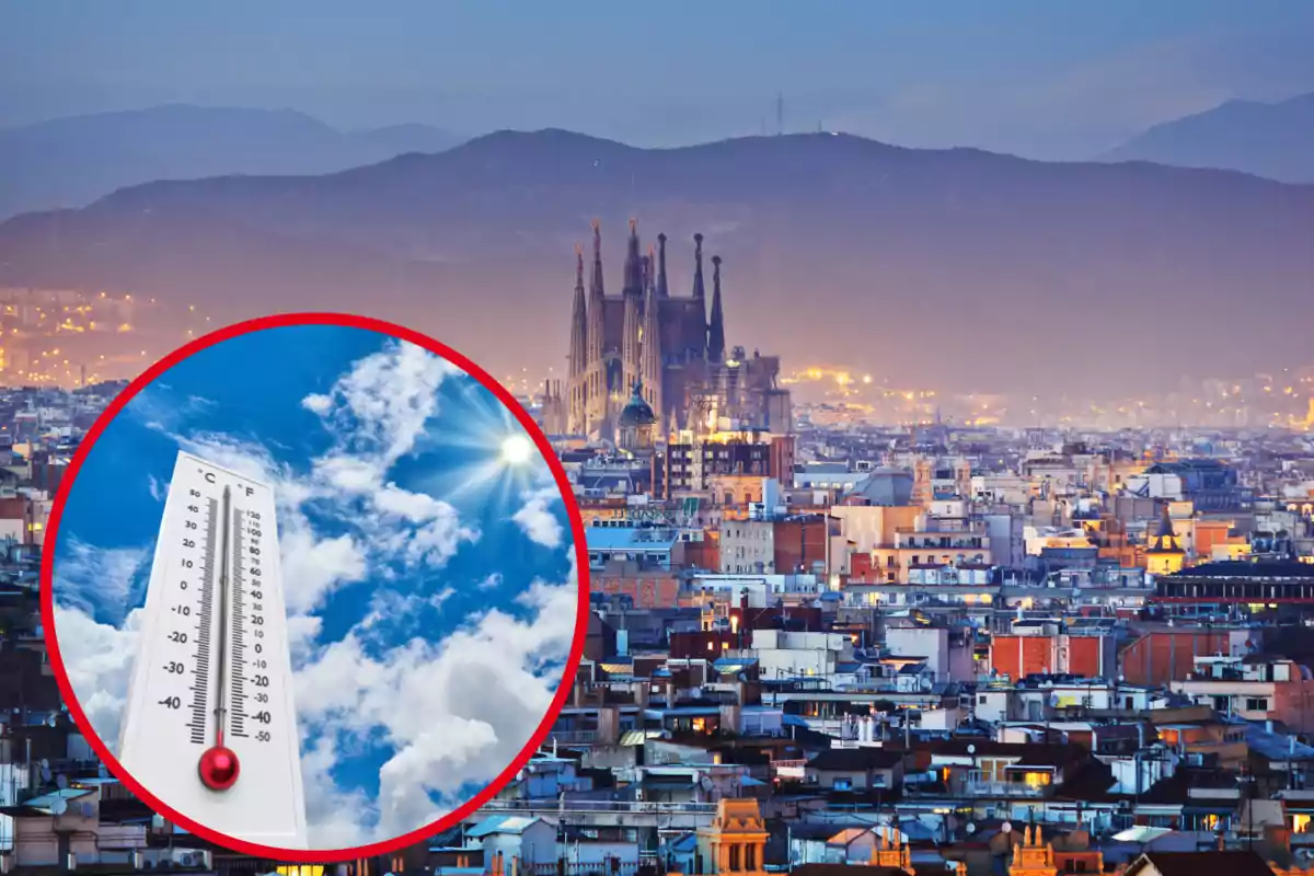 Vista panorámica de una ciudad con un termómetro y cielo soleado en un círculo superpuesto.