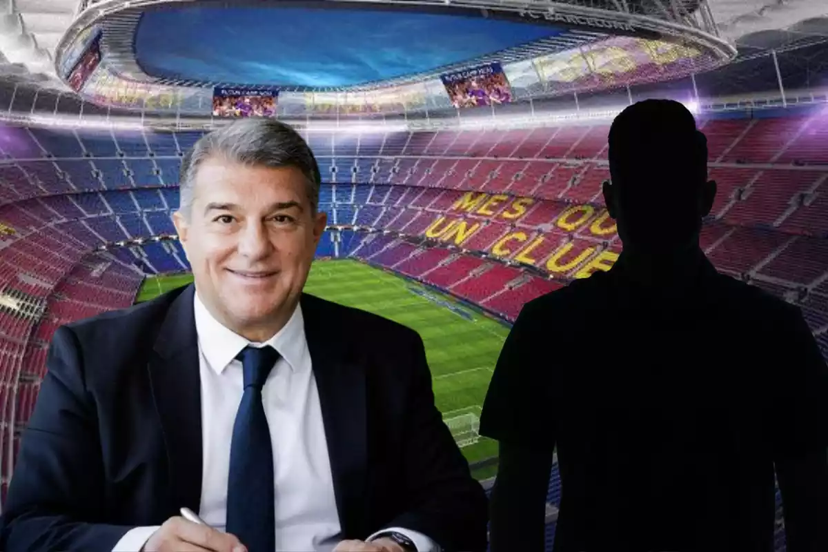Montage con el Camp Nou, Joan Laporta a la izquierda y una sombra negra a la derecha