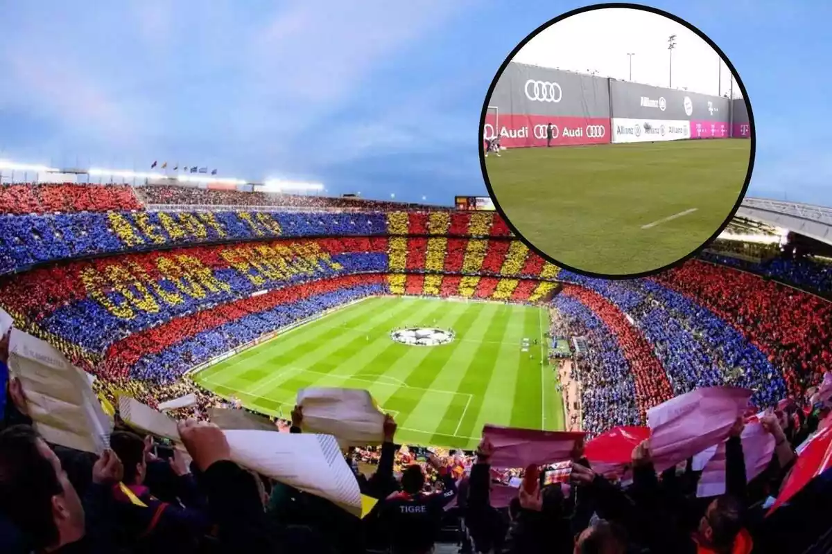 Montaje del Camp Nou con la imagen de un entrenamiento del Bayern dentro de un círculo
