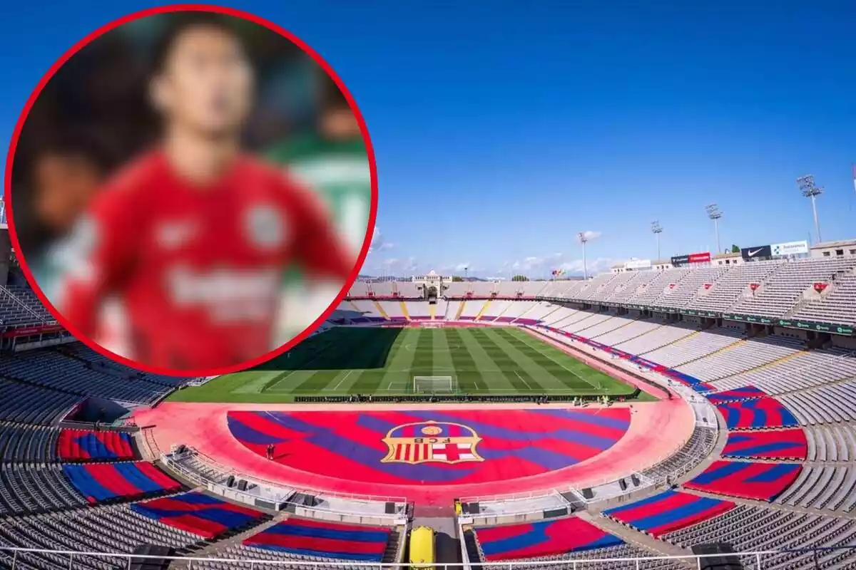 Montaje con una imagen del Estadi Olímpic Lluís Companys y en la esquina superior izquierda, dentro de un círculo, el futbolista referenciado en la noticia
