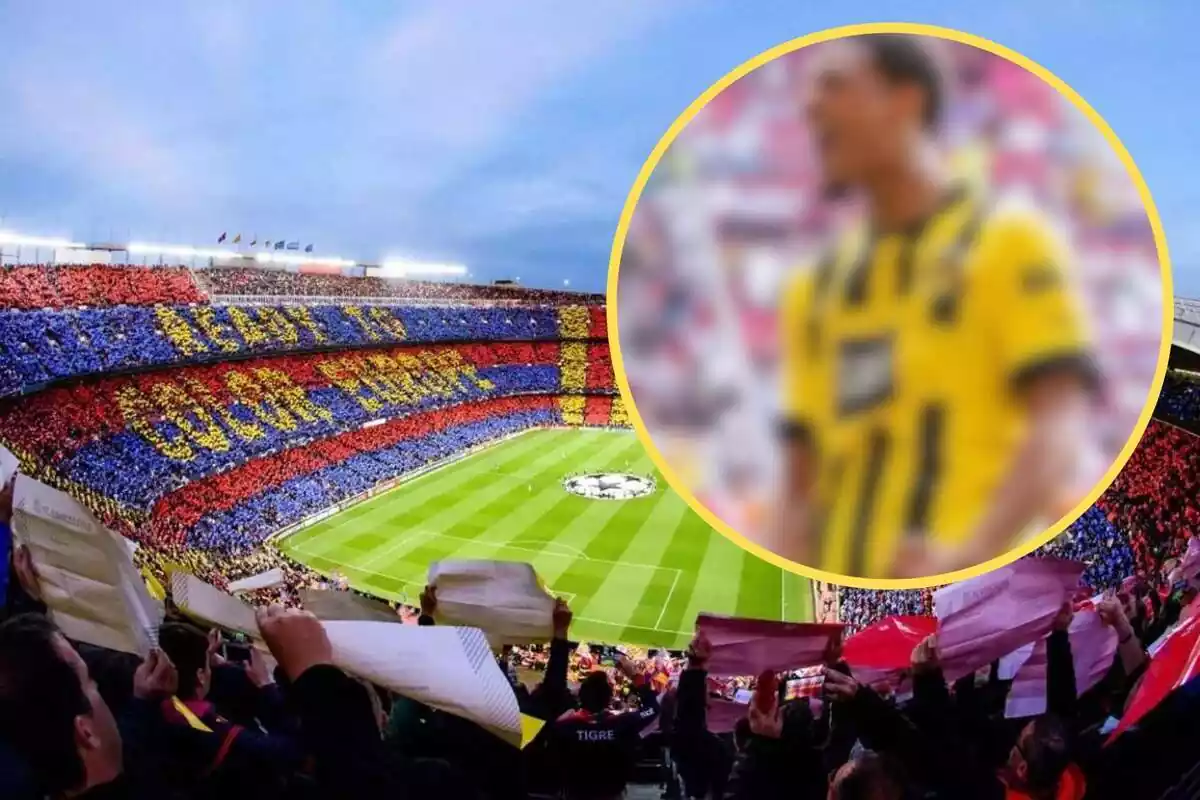 Montaje con una imagen del Camp Nou y a la derecha, dentro de un círculo y difuminado, el futbolista al que hace referencia la noticia