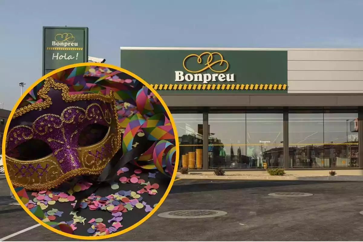 Montaje con una imagen del exterior de un establecimiento Bonpreu y a la izquierda, dentro de un círculo, una máscara de Carnaval