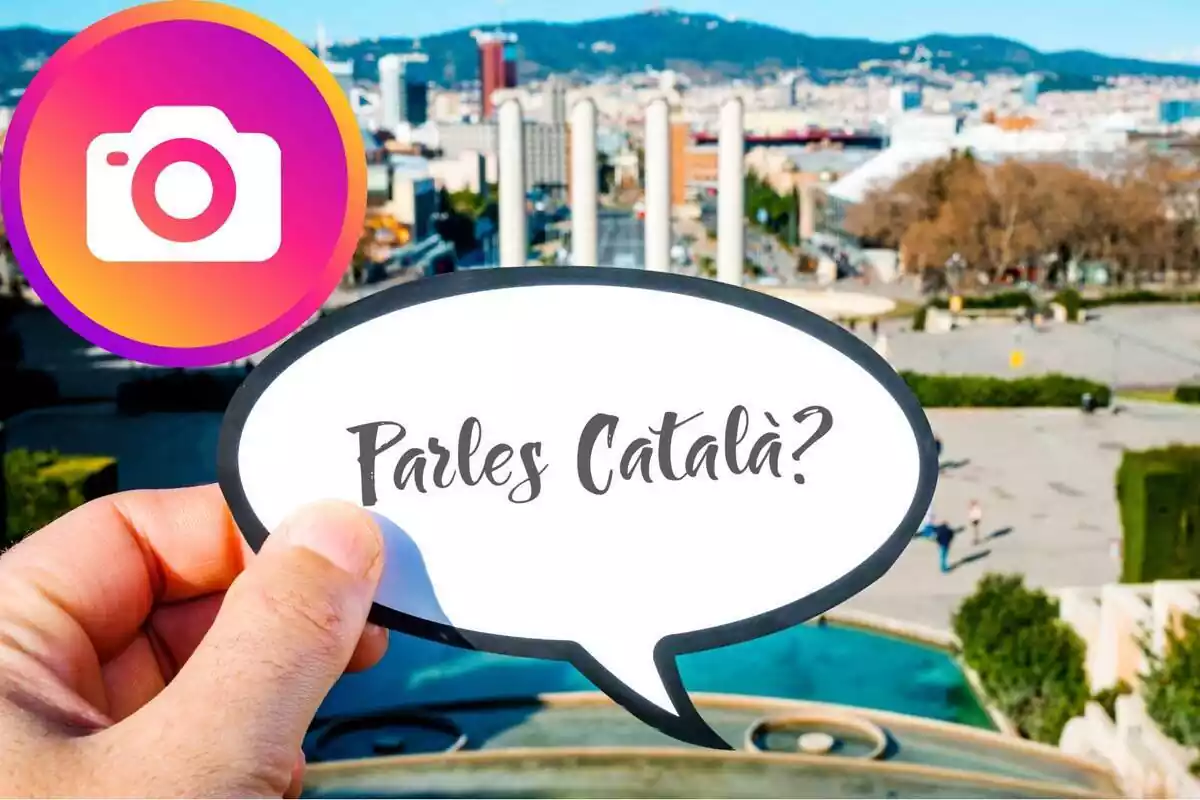 Montaje con una imagen de Barcelona y la expresión "Parles Català?" En la esquina lateral izquierda, el emoticono de Instagram