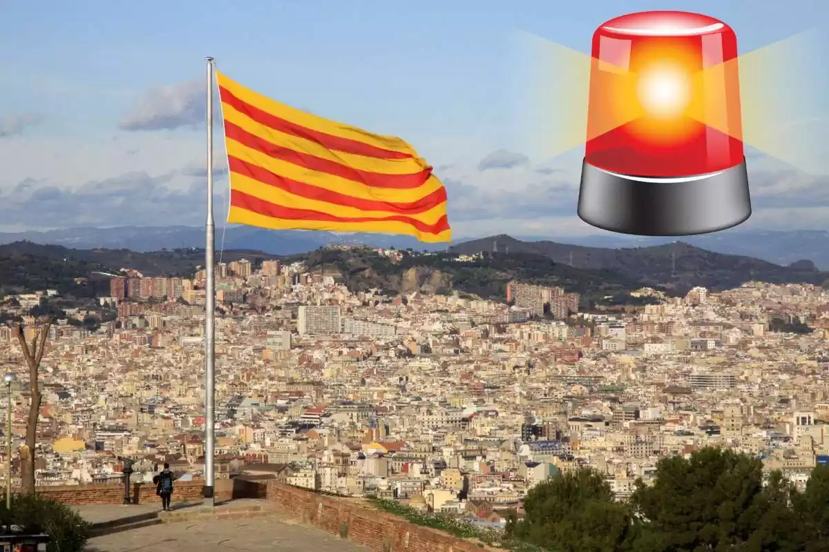 Montaje con una imagen de la vista a la ciudad de Barcelona desde Montjuic y en la esquina superior derecha el emoticono de una sirena de emergencias