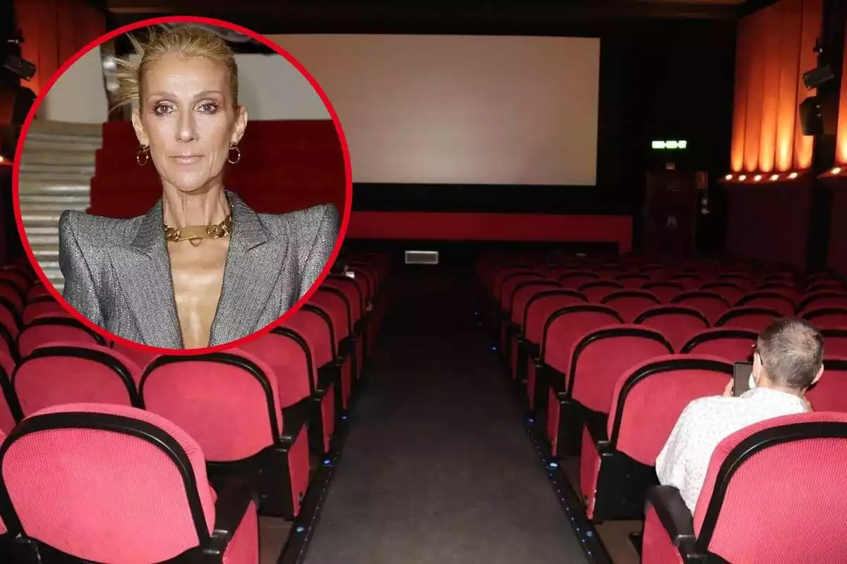 Montaje con una sala de cine sin público y en la esquina superior izquierda, dentro de un círculo, la cantante Celine Dion