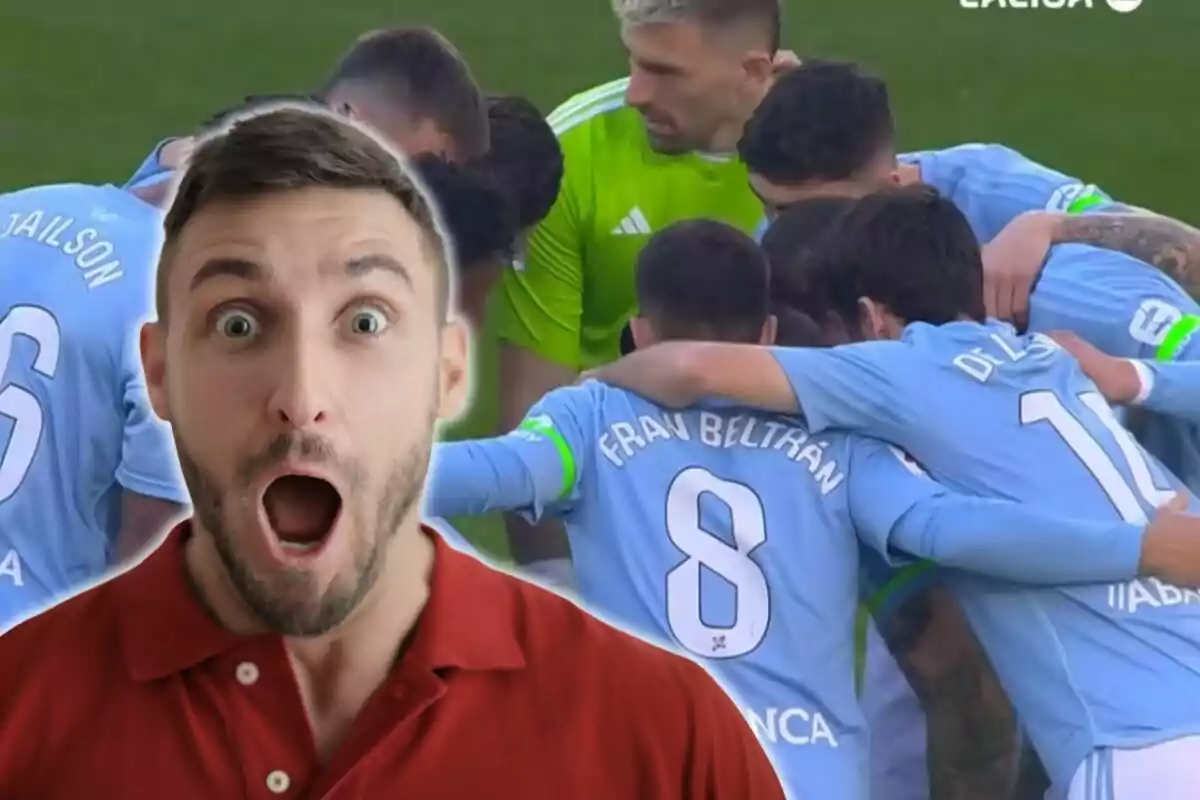 Montaje con una imagen de fondo de futbolistas del Celta de Vigo celebrando un gol. En primer término, imagen de un hombre con la boca abierta