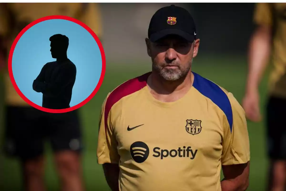 Un hombre con una camiseta de entrenamiento del FC Barcelona y una gorra negra con el escudo del club, con una silueta de una persona en un círculo rojo en la esquina superior izquierda.