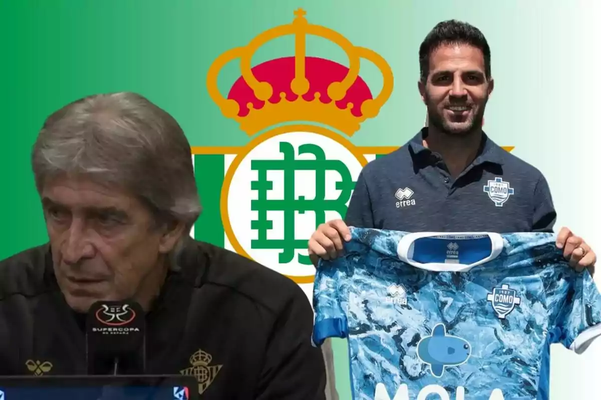 Dos hombres frente a un escudo de fútbol, uno en una conferencia de prensa y el otro sosteniendo una camiseta deportiva.