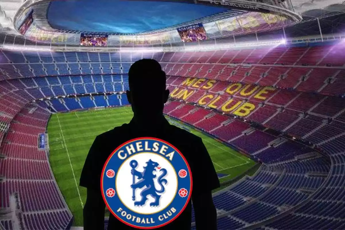 Montage con el Camp Nou y una sombra negra en el centro con el escudo del Chealsea