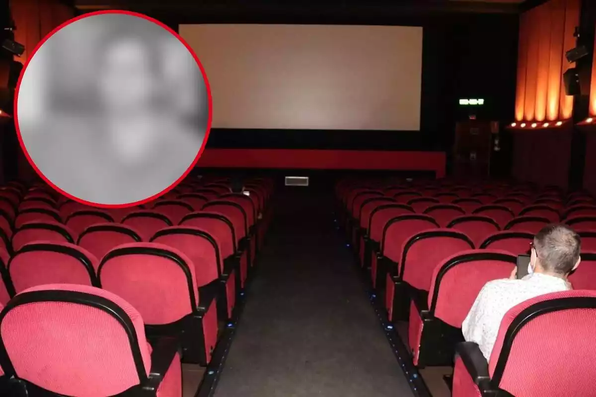 Montaje con una imagen de un cine vacío y en la esquina superior izquierda, dentro de un círculo, una imagen difuminada y en blanco y negro del asesino que protagoniza la película