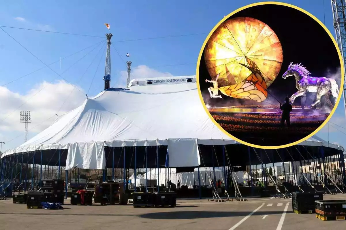Montaje con una imagen de una carpa del Cirque du Soleil en primer término. En la esquina superior derecha, dentro de un círculo, una imagen del espectáculo en directo