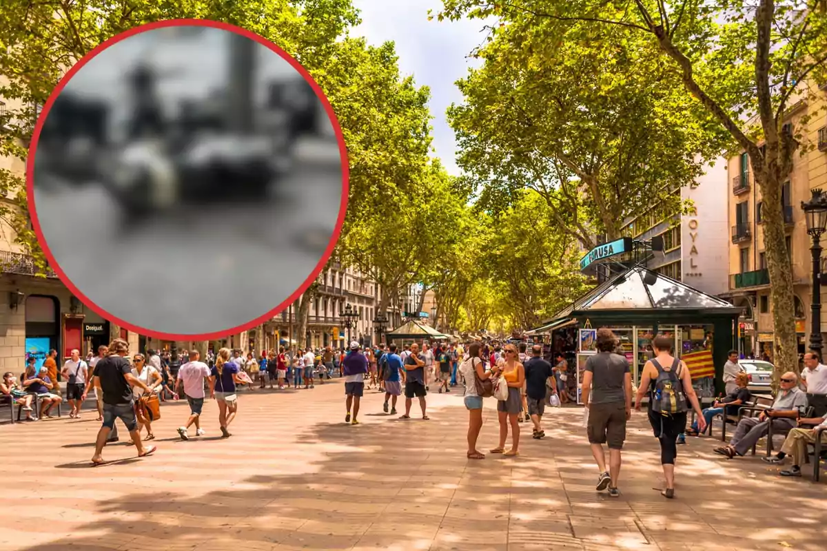 Una concurrida calle peatonal con árboles y puestos de venta, con un círculo borroso en la esquina superior izquierda.