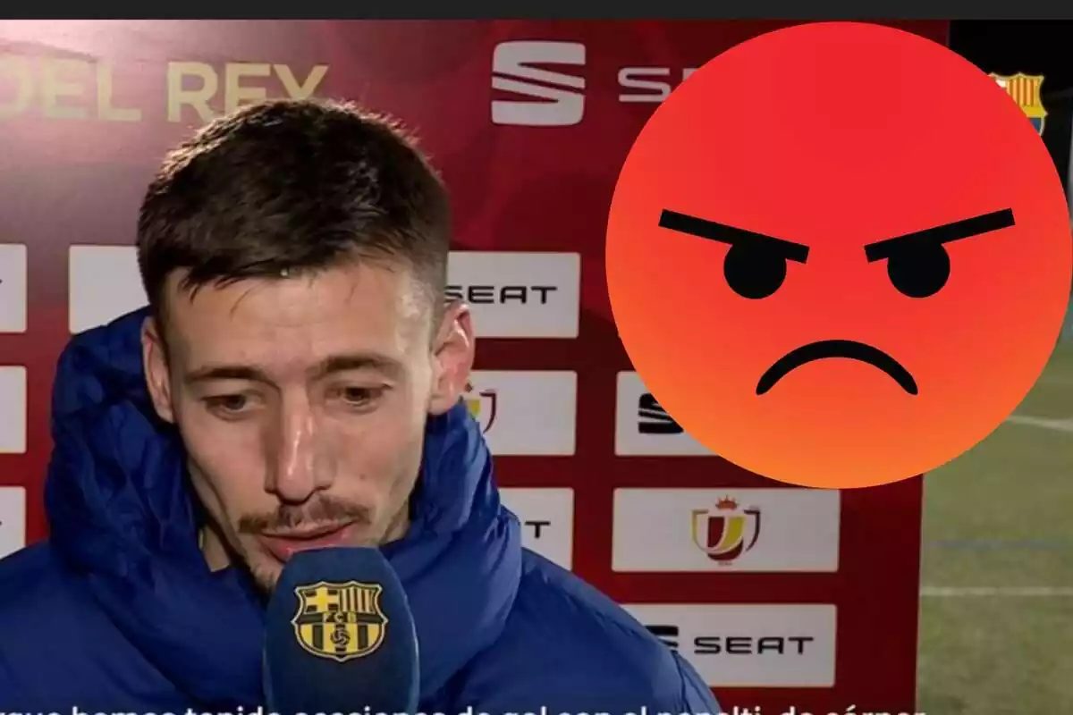 Montaje con Clément Lenglet atendiendo a Barça TV. A la derecha un emoticono de una cara enfadada
