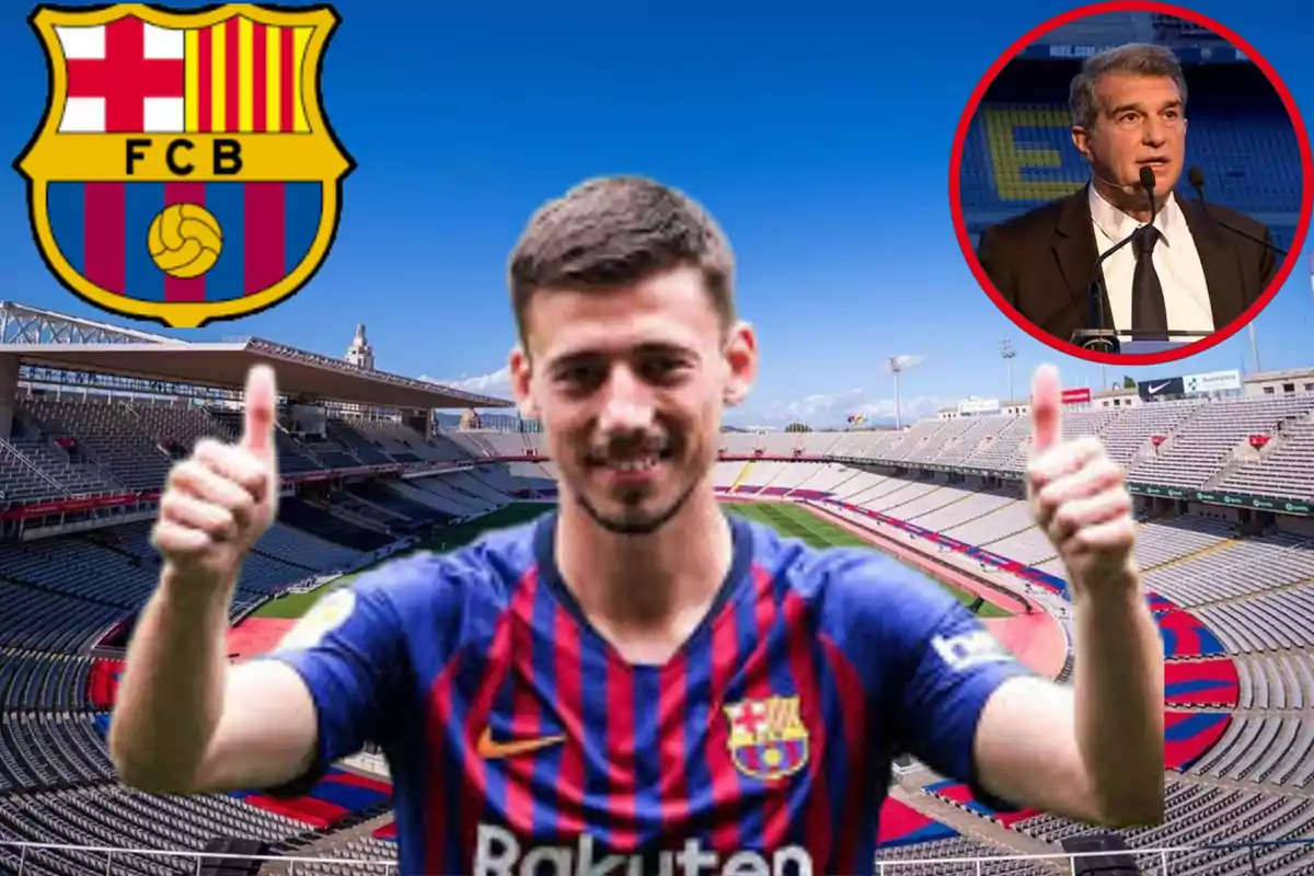 Un jugador del FC Barcelona con el uniforme del equipo levanta ambos pulgares en señal de aprobación, con el estadio de fondo y el escudo del club en la esquina superior izquierda; en la esquina superior derecha, hay una imagen de un hombre hablando en un micrófono.