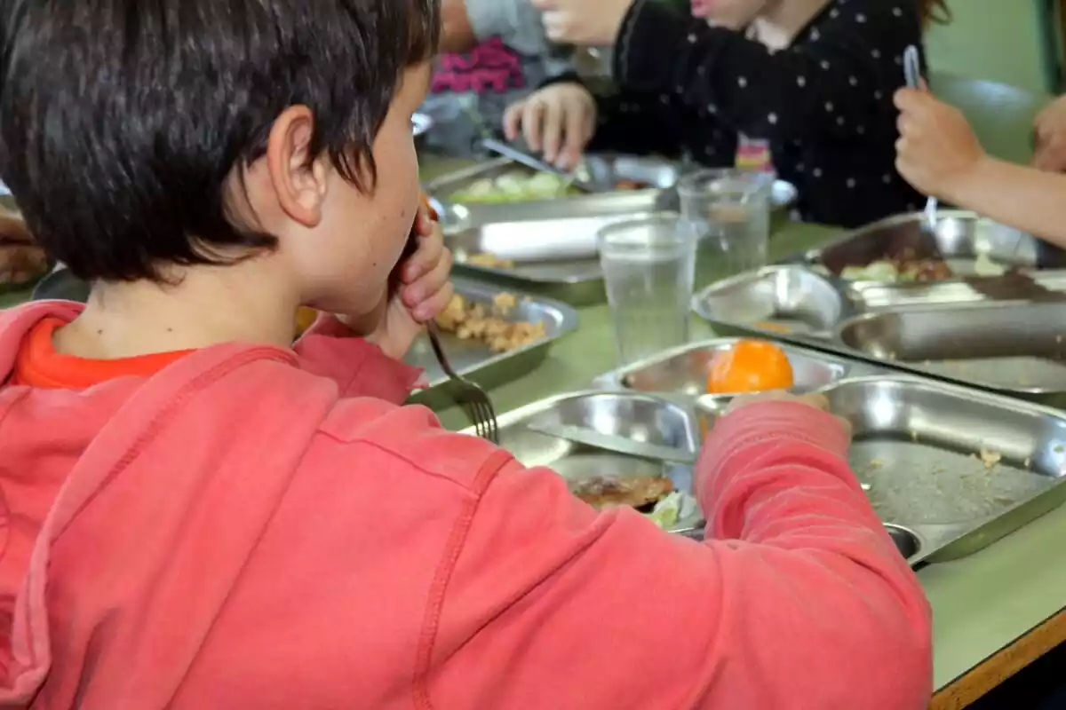 Un niño, de espaldas, comiendo en el comedor escolar