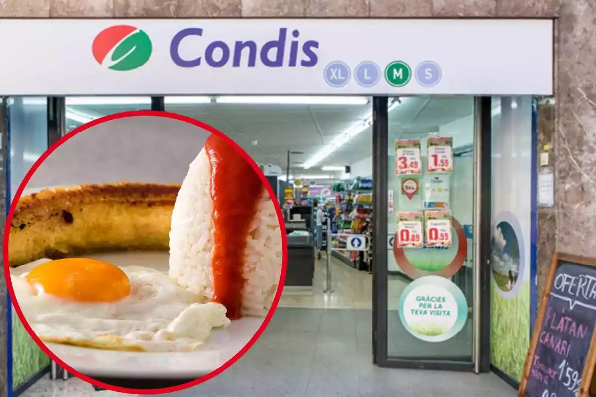Montaje con una imagen de un establecimiento Condis y a la izquierda, dentro de un círculo, un arroz a la cubana