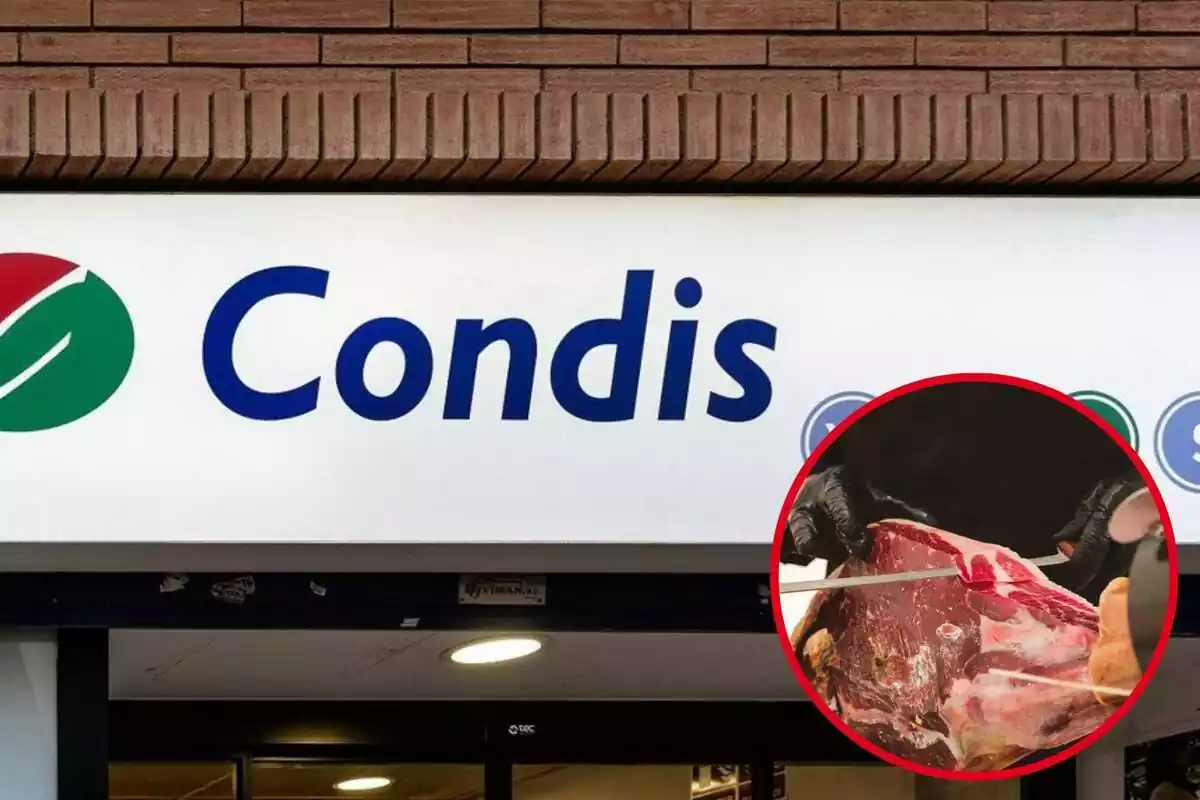 Montaje con una imagen del exterior de un establecimiento Condis y en la esquina inferior derecha, dentro de un círculo, una persona cortando jamón