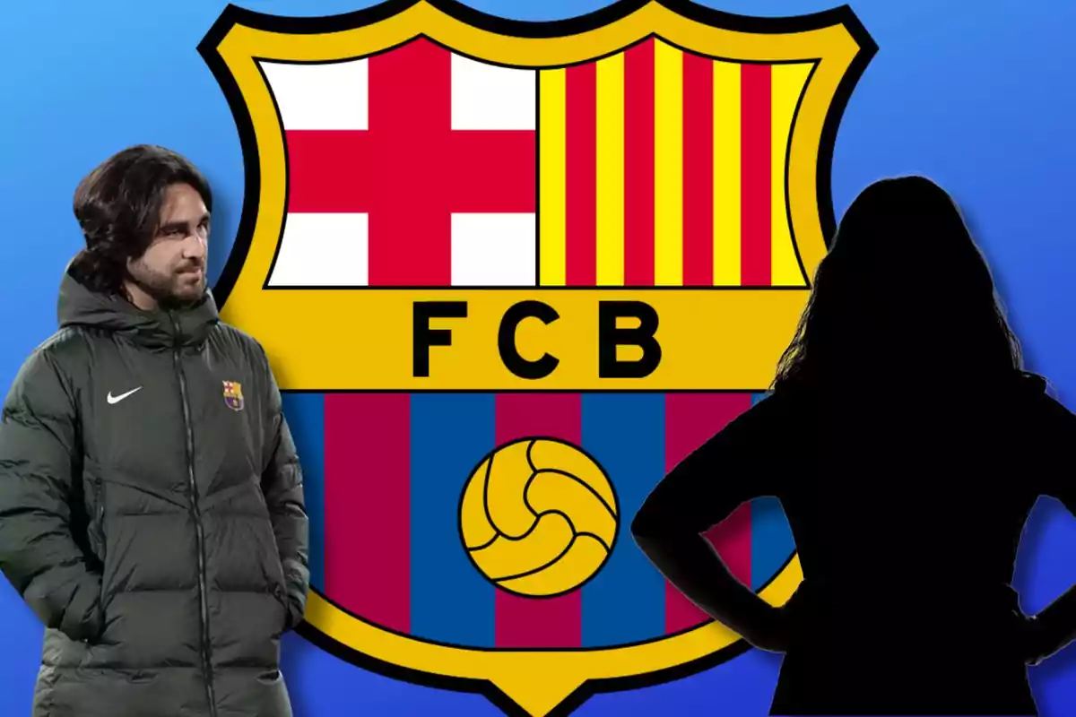 Un hombre con una chaqueta del FC Barcelona y una silueta femenina frente al escudo del FC Barcelona.