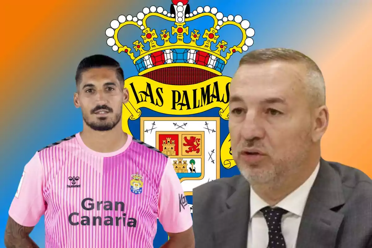 Dos hombres frente al escudo del equipo de fútbol Las Palmas, uno de ellos con una camiseta rosa del equipo y el otro con traje y corbata.