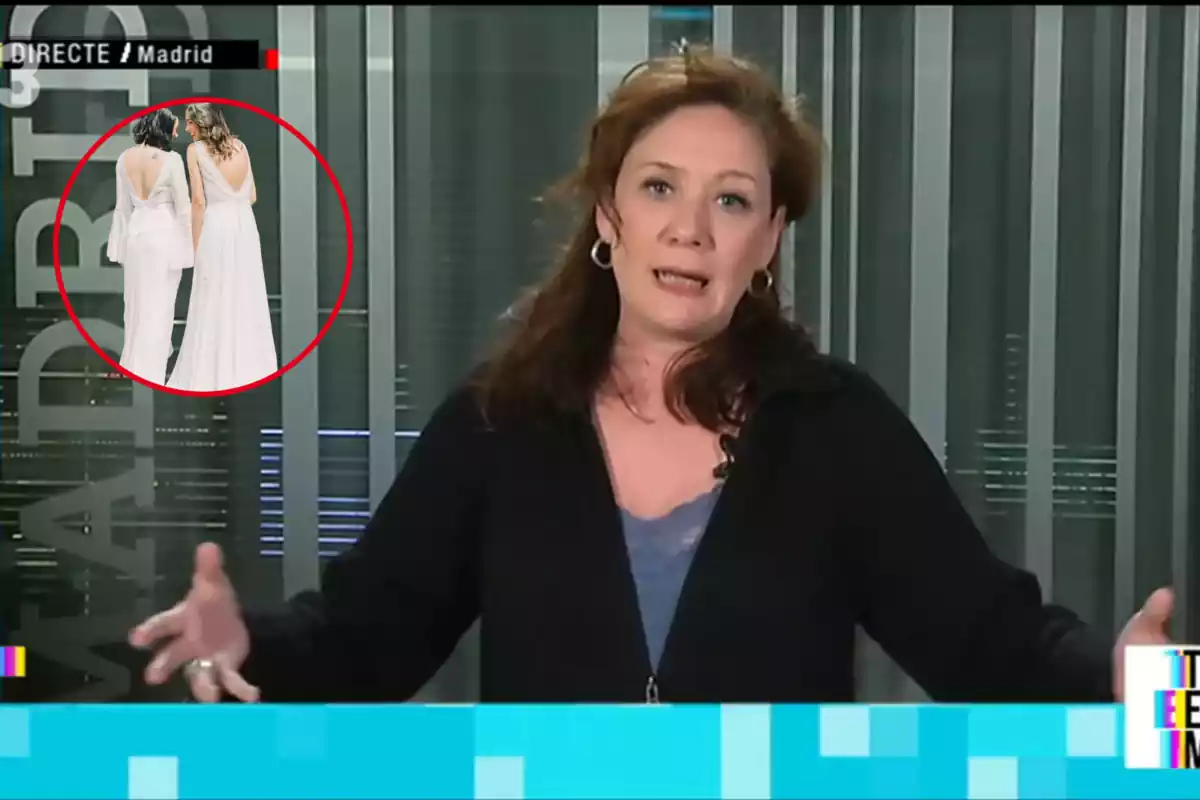 Montaje con una imagen de Cristina Fallarás en el programa "Tot es mou" de TV3. A la izquierda una imagen con unas novias