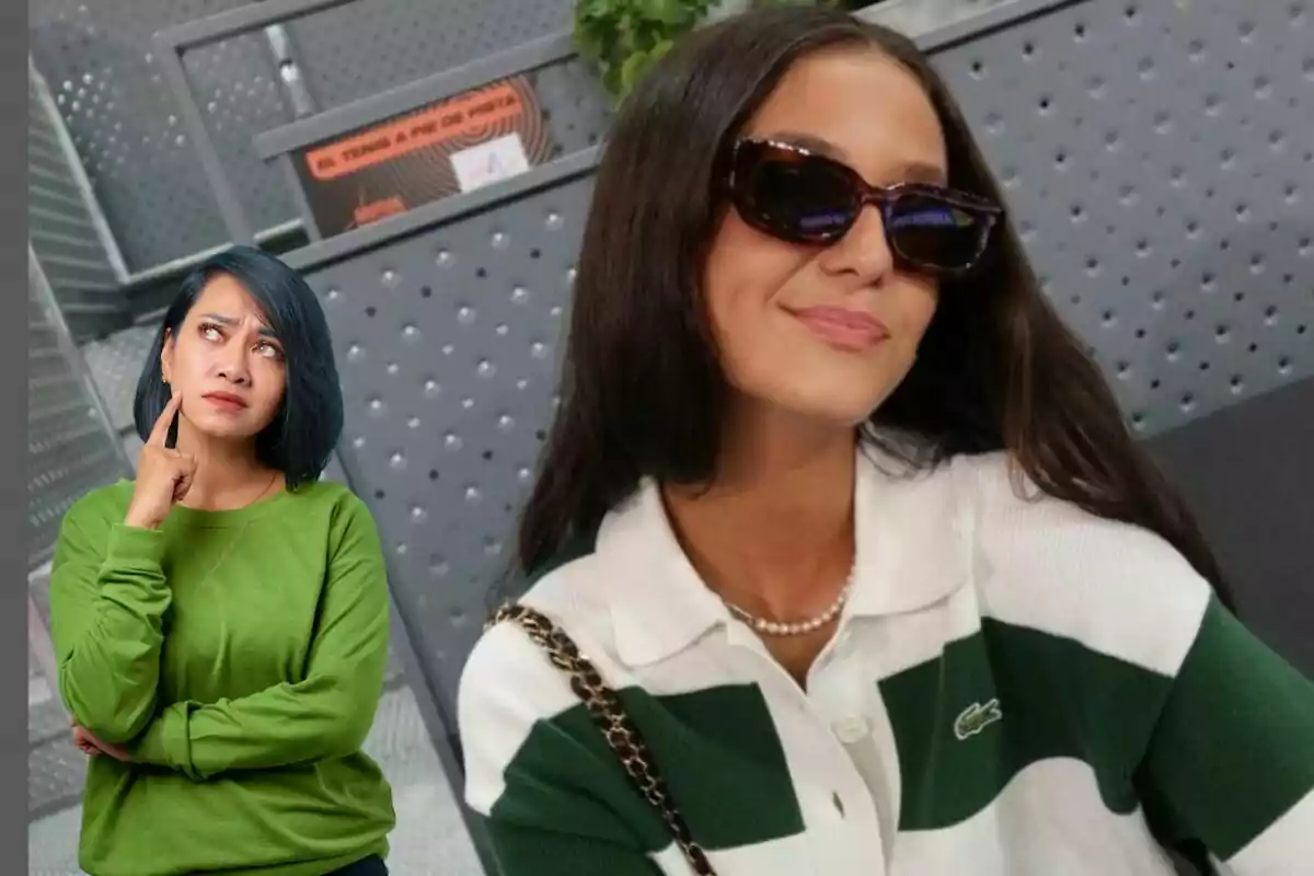 Dos mujeres posan en una imagen, una de ellas lleva gafas de sol y una camiseta de rayas verdes y blancas, mientras que la otra, con una camiseta verde, parece estar pensativa.