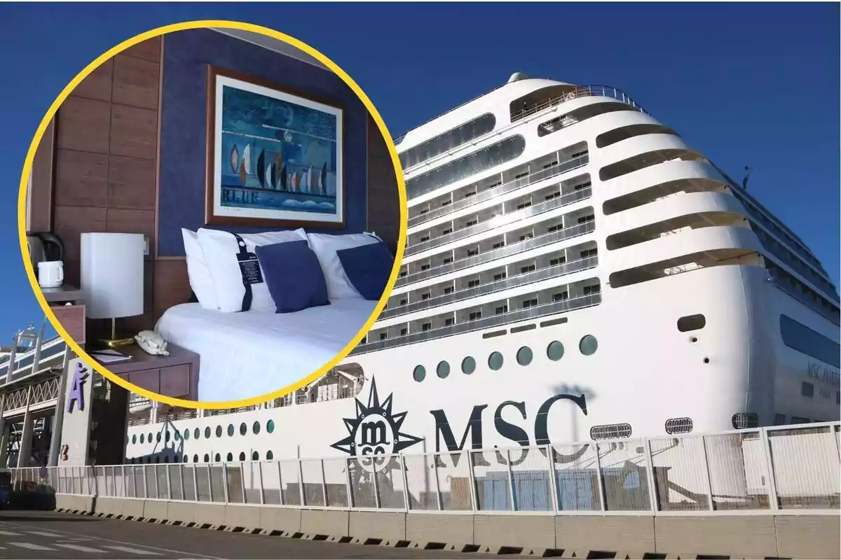 Montaje con la imagen de un crucero MSC en primer término y en la esquina superior izquierda, una imagen de una de las habitaciones