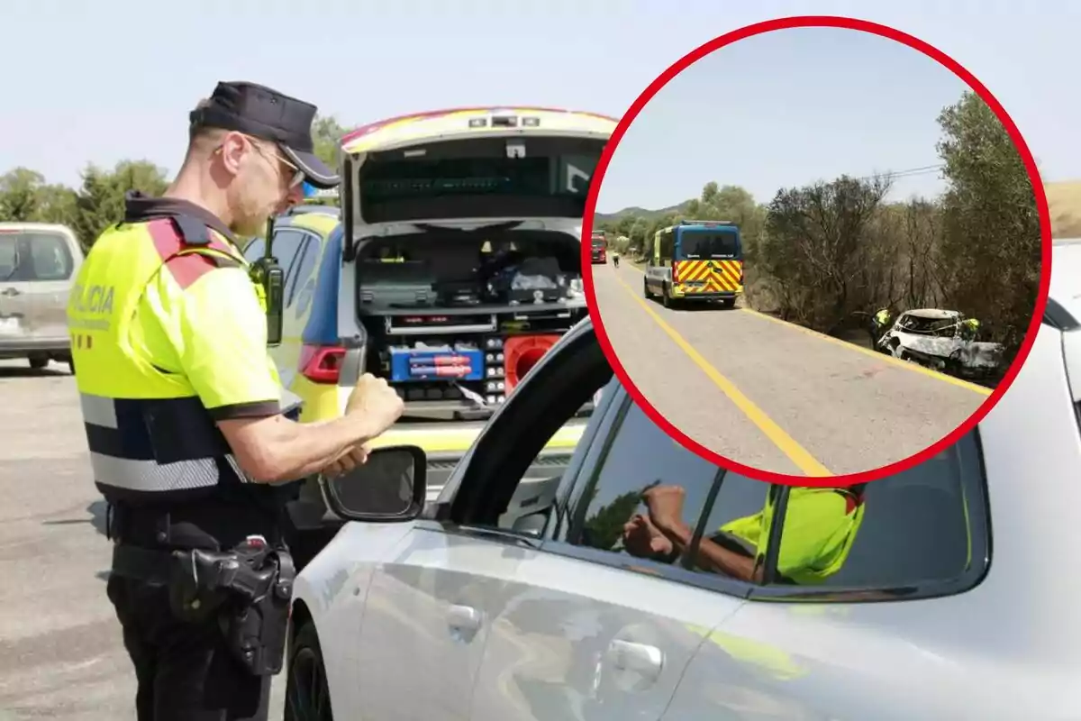 Un agente de policía de tráfico realiza una inspección a un vehículo detenido mientras en un recuadro se observa un accidente de tráfico en una carretera con un coche siniestrado y servicios de emergencia en el lugar.