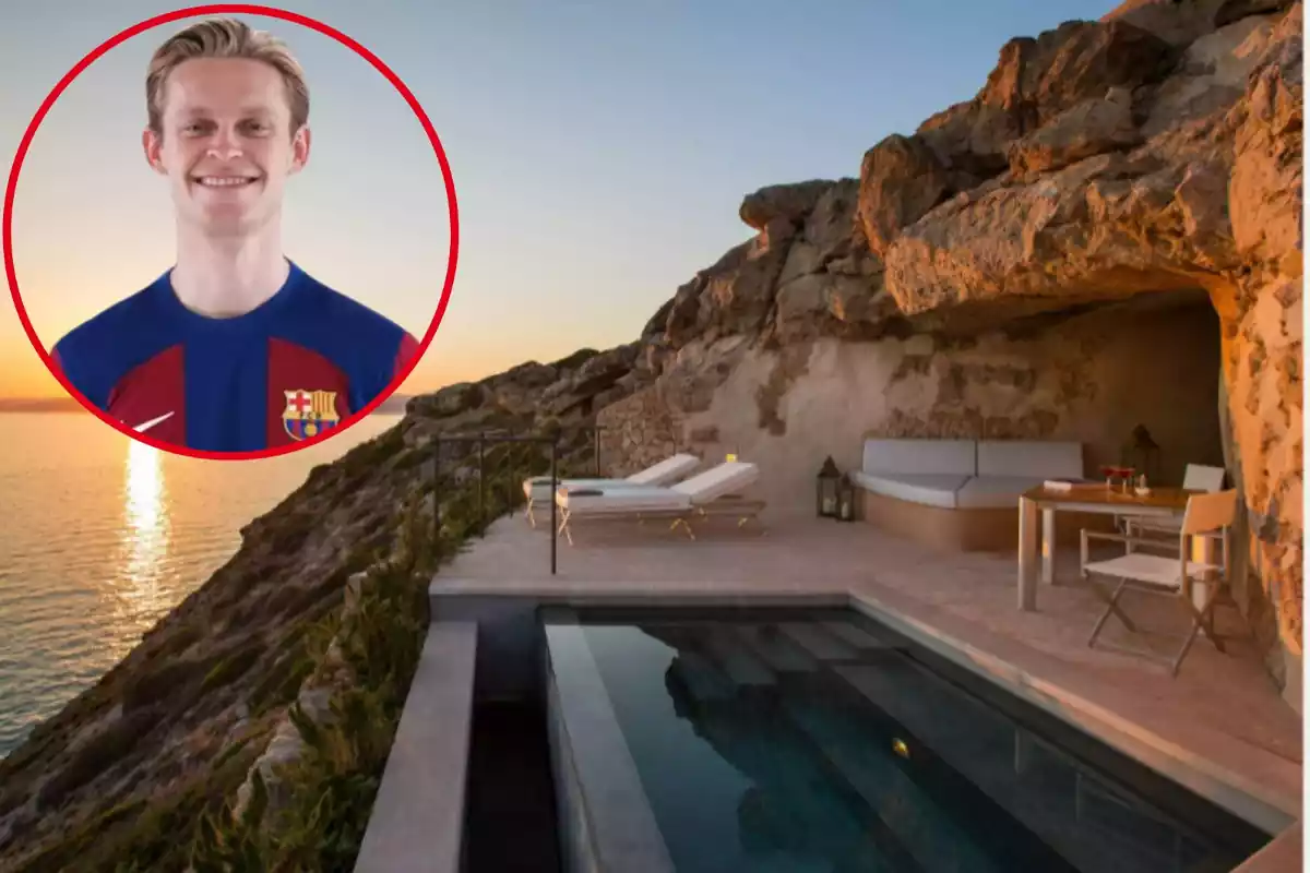 Montage con la pisicina del Hotel Cap Rocat de Mallorca, y un círculo arriba a la izquierda con el futbolista del Barça Frenkie de Jong