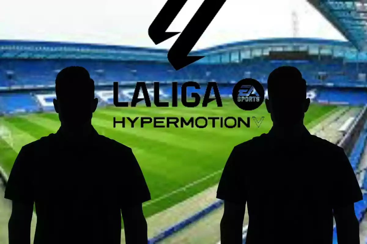 Montage del estadio de Riazor, dos sombras negras a izquierda y derecha y el logo de LaLiga Hypermotion en el centro