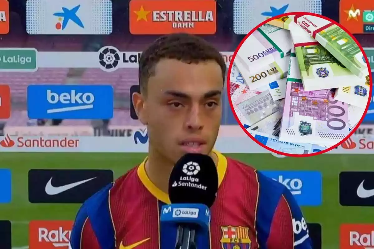 Montaje con una imagen de Sergiño Dest atendiendo a la prensa cuando todavía jugaba en el Barça. A la derecha, dentro de un círculo, billetes de 200 y 500 euros