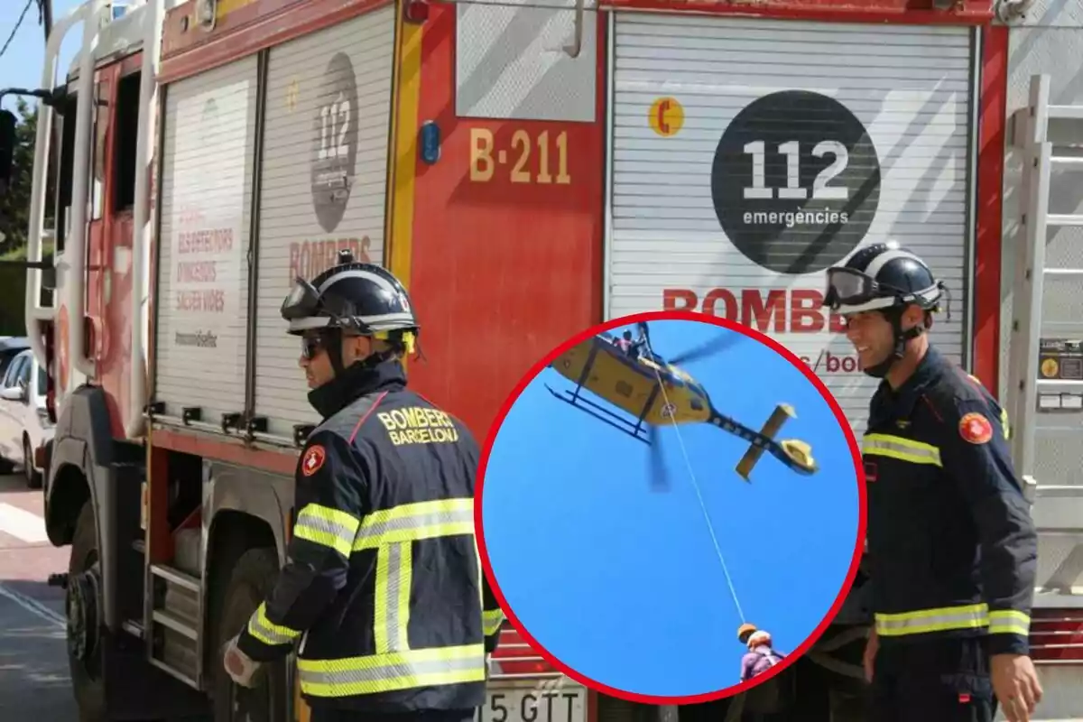 Bomberos de Barcelona en acción con un helicóptero de rescate.