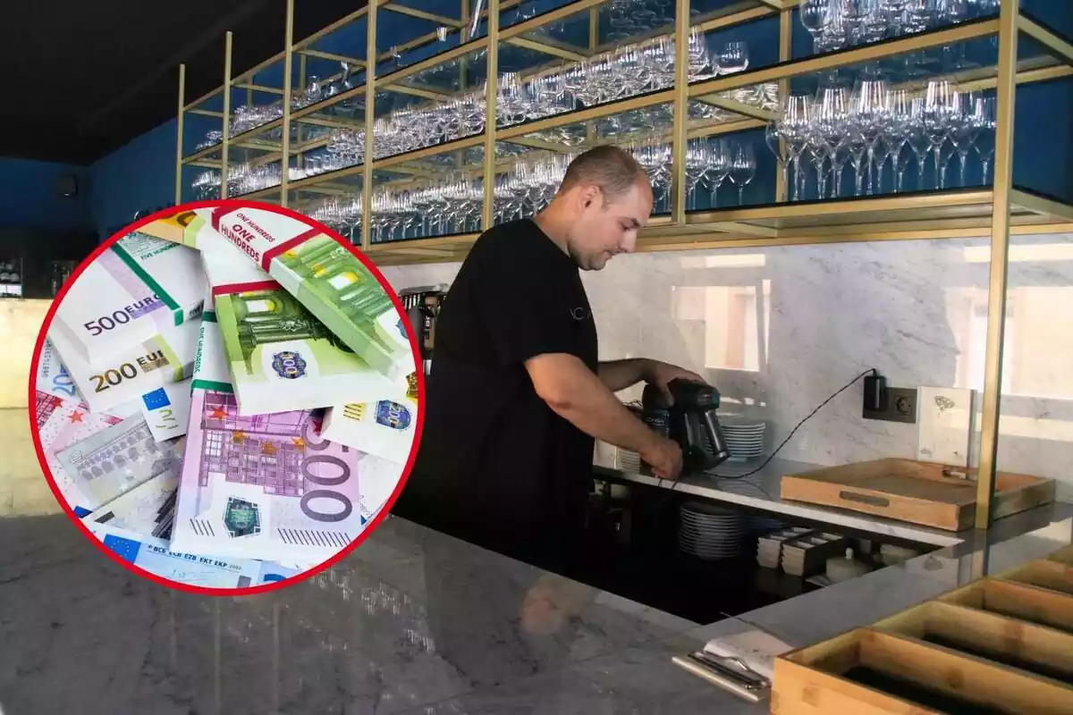 Montaje con la imagen de un camarero trabajando en un bar. A la izquierda, dentro de un círculo, billetes de 200 y 500 euros