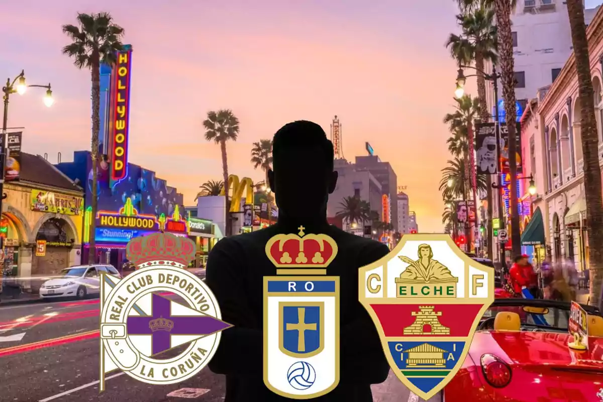 Una silueta de una persona se encuentra en el centro de la imagen, con el fondo de una calle de Hollywood al atardecer, rodeada de los escudos de los equipos de fútbol Real Club Deportivo de La Coruña, Real Oviedo y Elche CF.